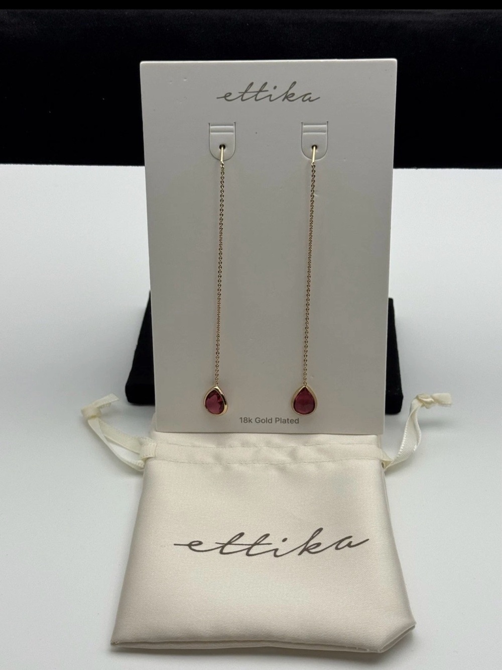 ettika 18k Gold Plated Long Drop Earrings with Pink Teardrop Stones